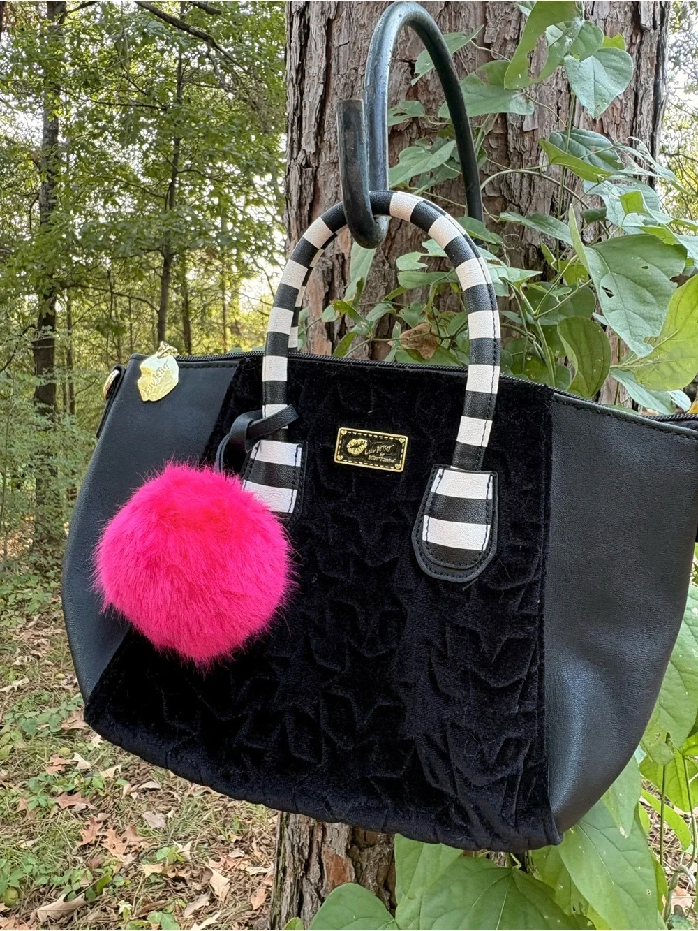 Luv Betsey Johnson Black Velvet Tote with Striped Handles and Hot Pink Pom Charm